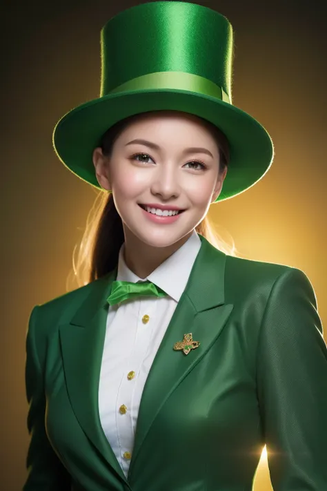 Best quality, masterpiece, ultra high res, (photorealistic:1.4), raw photo, 1girl, glowing skin, light smile，leprechaun costume,green suit,top hat,St. Patricks Day celebration,