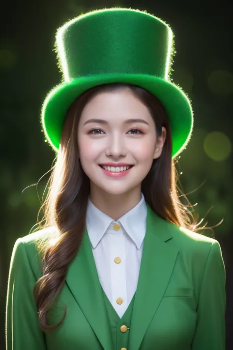 Best quality, masterpiece, ultra high res, (photorealistic:1.4), raw photo, 1girl, glowing skin, light smile，leprechaun costume,green suit,top hat,St. Patricks Day celebration,