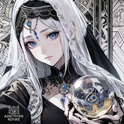 ​masterpiece、top-quality、hight resolution、High-quality images、8K、1womanl、detaileds、Detailed eye depiction、skin gloss、shiny very short white-silver hair,,,,、Nomiya、portlate、Monochrome grayscale、Ancient crystal ball horoscope、Mysterious Woman、Embroidered cos...