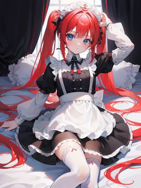 red hair,blue eyes,twintails,maid, long hair, long sleeves, gothic, solo, loli,Short skirt, white stockings,{{best quality}}, {{masterpiece}}, {{ultra-detailed}}, {illustration}, {detailed light}, {an extremely delicate and beautiful},little girl,cute,