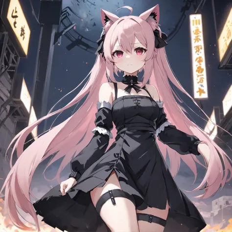 Anime characters with long pink hair and black skirts, Has cat ears，from girls frontline, girls frontline style, Fine details. Girl front, girls frontline universe, Girls Frontline CG, Anime girl wearing black dress, nier:automata inspired, nier : automata...