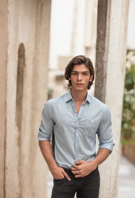 um adolescente 16 camisa cinza parado em frente a uma porta com a camisa aberta, lucas graziano, inspirado em Maximilian Cercha, rosto masculino bonito, modelo masculino, jovem bonito, rosto bonito perfeito, inspirado em Adrian Zingg, modelo editorial, Mac...