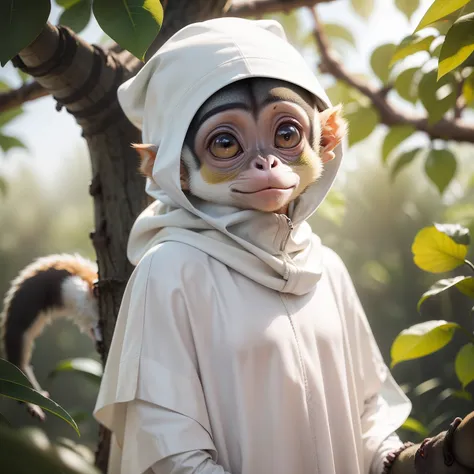 Squirrel monkey wearing a white poncho　Wearing a white bandana