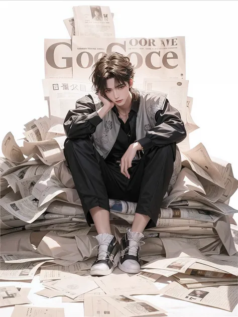 The Arafeld man sat in a pile of newspapers，Place your hands on your face, Cai Xukun, Inspired by Zhang Han, timothee chalamet, Male ulzzang, by Ni Yuanlu, Beautiful androgynous prince, author：Nil Gleyen, fear of god style, inspired by Huang Gongwang, news...