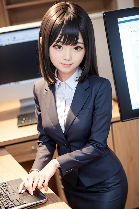 1人の女性、Business Skirt Suit、bangss、A smile、Computer Use、s Office、bloom,　电影灯光、(8K、​masterpiece、top-quality、Raw foto)