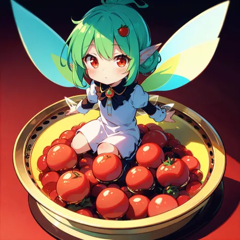 chibi, kawaii, tiny, Little fairy in a large glass jar, Lined mini tomatoes, Inside the glass jar is a pile of mini tomatoes, (Wearing fairy wings of Clock material:1.5), pare Green hair, Red Eyes, topknot, Tomato hair ornament, Highly detailed drawings. V...