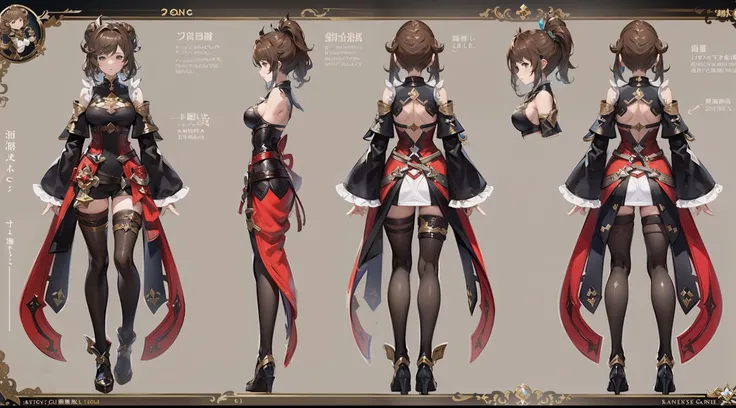 1 woman, 20 years old, (granblue fantasy character), wearing blade and soul costume, complete full body, character design sheet, 3 angle views, front view, side view, back view