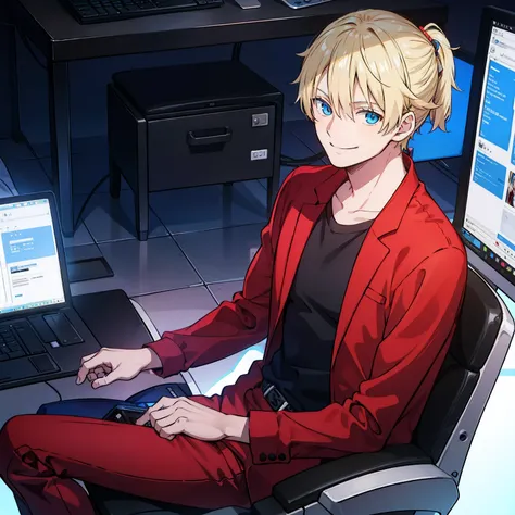 One man sitting on a chair,Smiling,Blue eyes,a blond,Short ponytail,Red suit,Black shirt,I am using a computer, Being in a room that feels sci-fi.