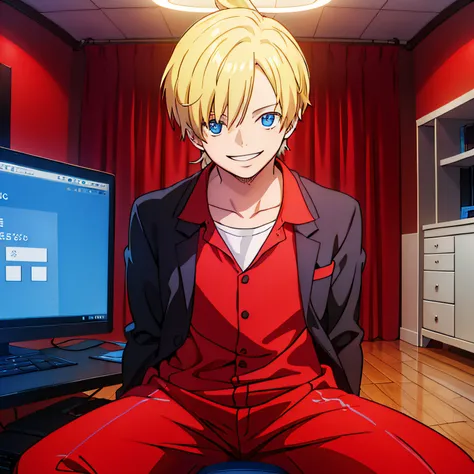 One man sitting on a chair,Smiling,Blue eyes,a blond,Short ponytail,Red suit,Black shirt,I am using a computer, Being in a room that feels sci-fi.