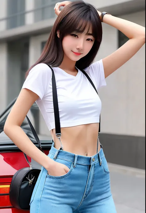 full bodyesbian, Long legs, Focalors:1.2, perfect figure beautiful woman:1.4, Slim abs:1.1, ((Dark brown hair)), (white tight t-shirt, Denim suspenders, standing on your feet:1.2), Highly detailed facial and skin texture, A detailed eye, 二重まぶた