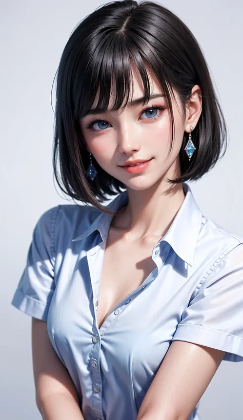 (high-level image quality、high-detail、hightquality、hight resolution、Draw everything in high resolution)、Intense crystal light blue eyes、Small diamond-shaped earrings、Look firmly at the camera、Put your ears out、Put out both ears、Beautiful short black hair、B...