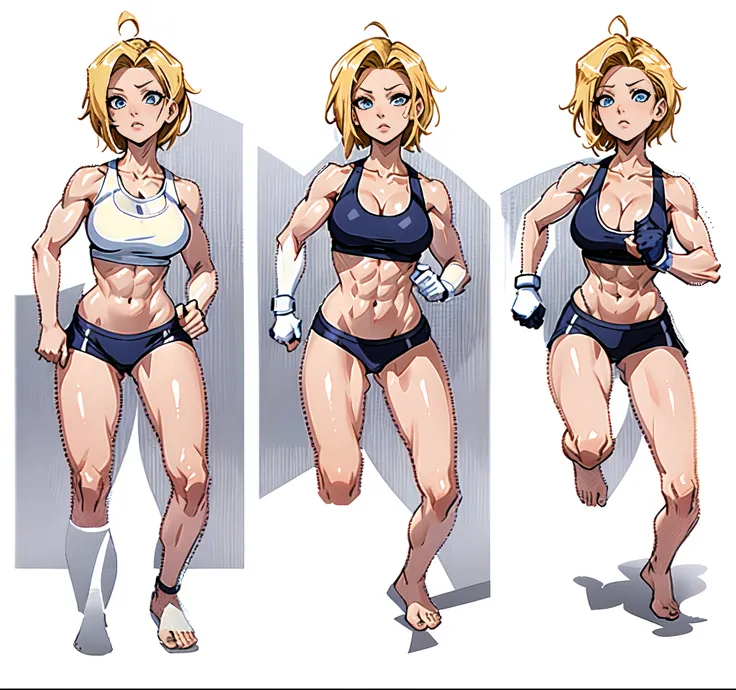 a set of different poses of a same character, character with a bunch of different poses, sprite sheet, characters 8k symmetrical, anime girl figures, spritesheet, sprite sheet walk cycle, 2 d sprite, sprite 2 d, dancing character, blond hair, blond short h...