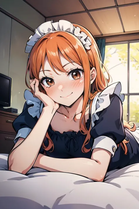 the maid outfit，inside in room，Bedrooms，Lie down in bed， Body fit perspective,Curvy, Athletic figure, Nami, orange long hair, Brown eyes, view the viewer, Shy, Smiling，Blushlush，Be red in the face，perspire，diferentes poses，nose blush