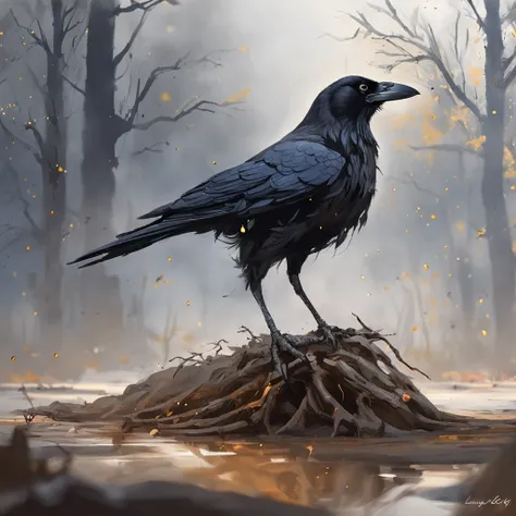 A crow on a dead tree, The crow is rich in detail and realistic，Shaped like a walkers shadow, Starry night, Thick fog on the ground, Blue light on the horizon, Unreal Engine5, Cinematic, low angle photo, Motion blur, depth of fields, Dust, Pebbles and soil...