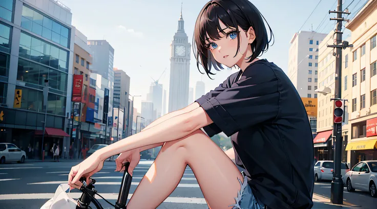 1girl, short black hair, blue eyes, wearing plain white shirt, denim shorts, city, absurdres, high res, ultrasharp, 8K, masterpiece, looking at viewer