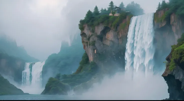 There is a cliff in front，background is waterfall, Waterfall in the distance, Fog from the waterfall, falls, Spectacular realistic cinematic visuals, floating waterfalls, huge waterfall, an endless waterfall, Realistic waterfalls, waterfall in the backgrou...