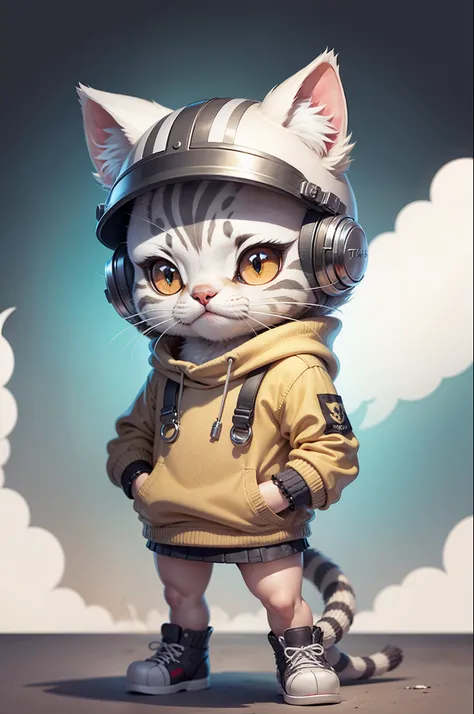 C4tt4stic, Cartoon cute silver tabby cat in knitted sweater and mini skirt, helmets,