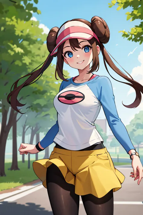 masterpiece, best quality, highres, ro1, hair bun, blue eyes, twintails, visor cap, pantyhose, raglan sleeves, yellow shorts, sh...