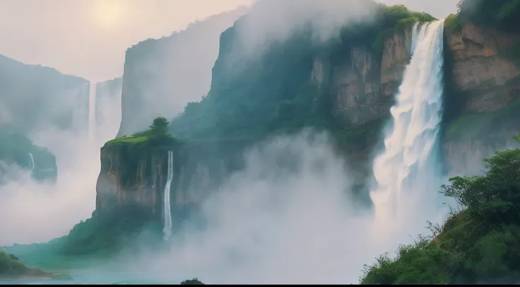 There is a cliff in front，background is waterfall, Waterfall in the distance, Fog from the waterfall, falls, Spectacular realistic cinematic visuals, floating waterfalls, huge waterfall, an endless waterfall, Realistic waterfalls, waterfall in the backgrou...