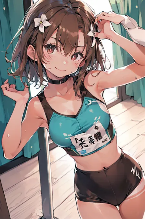 top-quality　Misaka Mikoto　Junior High School Bra　Beige shorts　　　　Cool look　　small tits　　１６age　　in the room　sexypose　Miwaki　Armpit sweat　sodden　　Ecstasy face((masutepiece)), (1 girl:2.0), (extra detailed face, Smiling), Short haircut, Brown hair, Petite, (T...