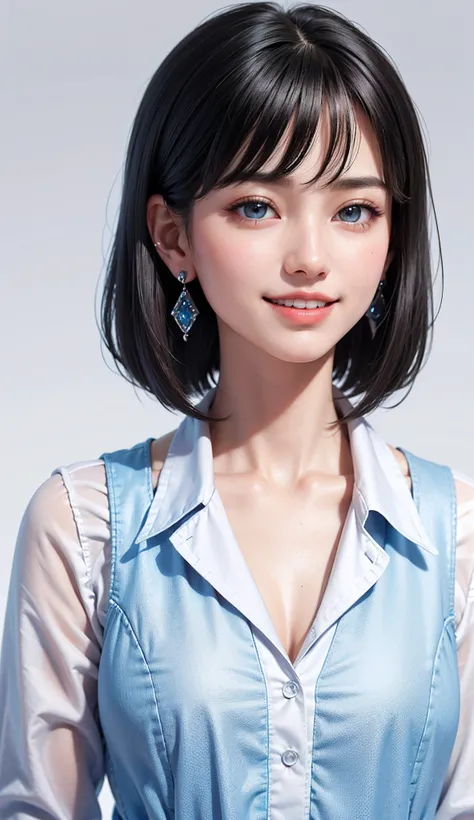 (high-level image quality、high-detail、hightquality、hight resolution、Draw everything in high resolution)、Intense crystal light blue eyes、Small diamond-shaped earrings、Look firmly at the camera、Put your ears out、Put out both ears、Beautiful short black hair、B...