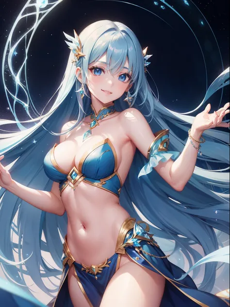 Pretty girl、a smile、Blue Long Hair、Engaging pose、Elegant costumes、Show shoulders and stomach、Fantasia、Luminous Crystal、Crystal jade、constellation、a moon、Fantastic background