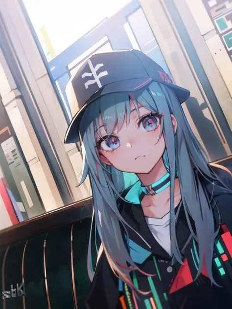 Long hair anime girl wearing baseball cap and black jacket, mikudayo, style of anime4 K, Anime style. 8K, 2 d anime style, Official artwork, anime moe art style, anime vibes, from girls frontline, girls frontline style, Best anime 4k konachan wallpaper, Gi...