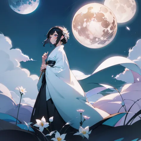 (Beautifully Aesthetic:1.2)、(1girl in:1.3)、(Black hair:1.2)、Wearing a white kimono、Flowers of beauty under the moon、Beauty under the moon、Ephemeral beauty、Ephemeral love、Adorable beauty、natta、under the moon、fullmoon、Top image quality、