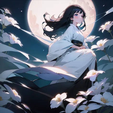 (Beautifully Aesthetic:1.2)、(1girl in:1.3)、(Black hair:1.2)、Wearing a white kimono、Flowers of beauty under the moon、Beauty under the moon、Ephemeral beauty、Ephemeral love、Adorable beauty、natta、under the moon、fullmoon、Top image quality、