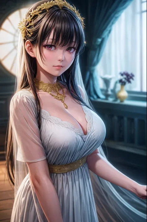 best quality, masterpiece, highres, 1Pretty girl with big breast with flowing magical robe, honey, China lace dress, hair ornament, gold necklace, gold jewelry ,Beautiful face, Pay attention to the details of the picture, especially the details of the eyes...