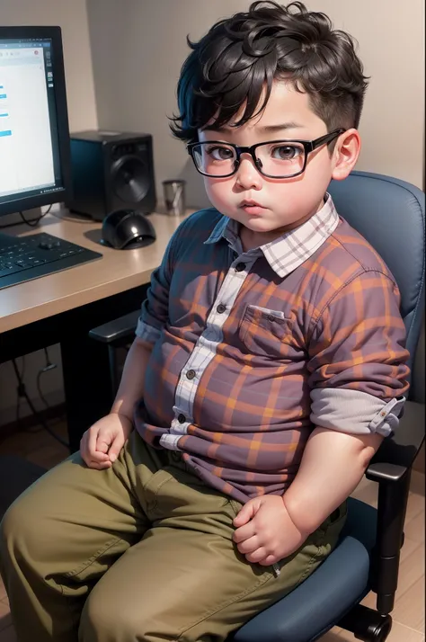 A slightly chubby boy of 3 years old in China， wears glasses，Plaid shirt，shorter pants，programmer，sitting in front of the computer，Black hair， adolable， with brown eye，by Pixar, tchibi，frontage，Full body portrait