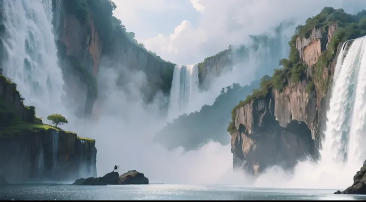 There is a cliff in front，background is waterfall, Waterfall in the distance, Fog from the waterfall, falls, Spectacular realistic cinematic visuals, There are no people、No buildings、floating waterfalls, huge waterfall, an endless waterfall, Realistic wate...