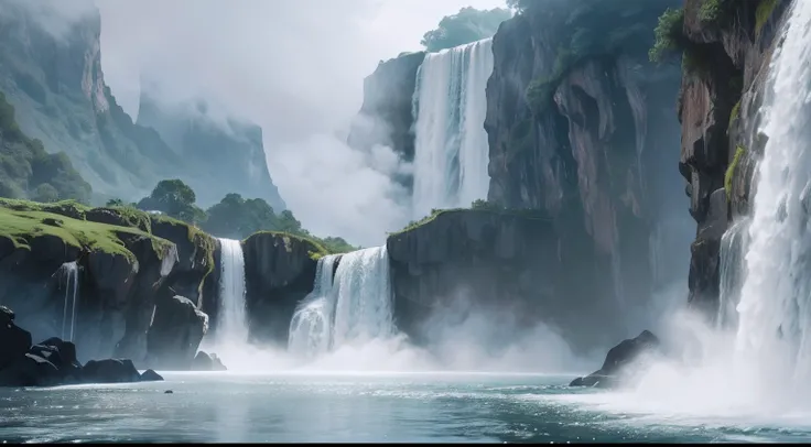 There is a cliff in front，background is waterfall, Waterfall in the distance, Fog from the waterfall, falls, Spectacular realistic cinematic visuals, There are no people、No buildings、floating waterfalls, huge waterfall, an endless waterfall, Realistic wate...