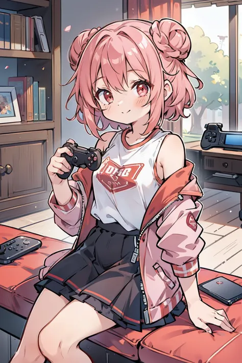 masterpiece, best quality, 1girl, short hair, shoulder-length hair, pink hair, curly hair, two buns, (red eyes), smiling, wearing a jersey jacket, zipping up jacket, skirt, in the game room, many game cds, holding a game controller with both hands, focusin...