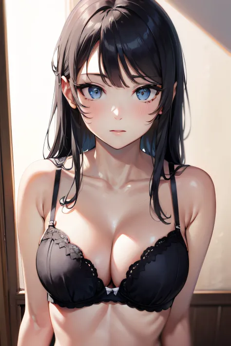 ((masterpiece, best quality, highres, UHD, perfect pixel)), Sakurajima mai, long hair, bangs, black hair, ((blue eyes:1.2, beautiful eyes, detailed eyes, extremely detailed eyes)), ((smooth texture:0.8, realistic texture:0.8)), medium breasts, indoor, bedr...