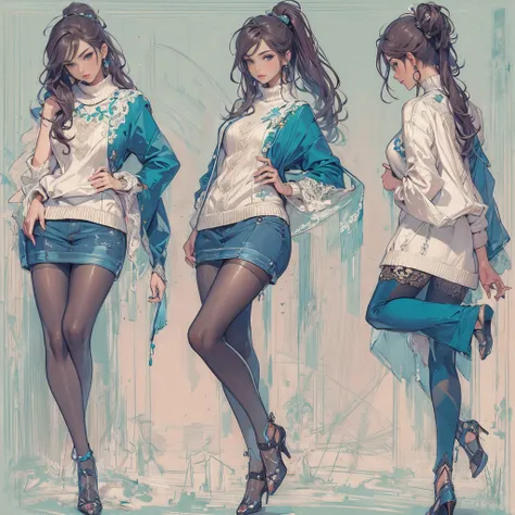 ((Masterpiece, Highest quality)), Detailed face, CharacterDesignSheet，full bodyesbian, Full of details, Multiple poses and expressions, Highly detailed, Depth, beuaty girl，Exotic，Jewelled，blue sweater，Lace，lacepantyhose, High Balance, Natural light