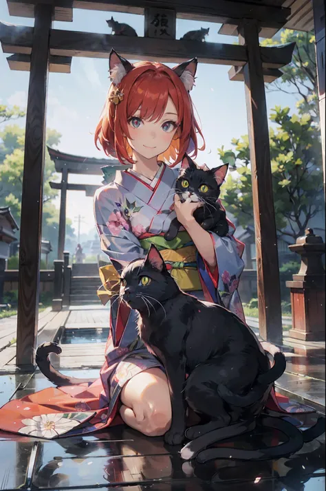 masutepiece, Best Quality, Detailed beautiful face and eyes, Full body, The best illustrations, PastelColors, (jpn、Shrine 1.4), Red torii gate, beauitful face, blurry backround, 10 year old beautiful girl, shinny skin, (１The tail of a cat in a book grows:1...