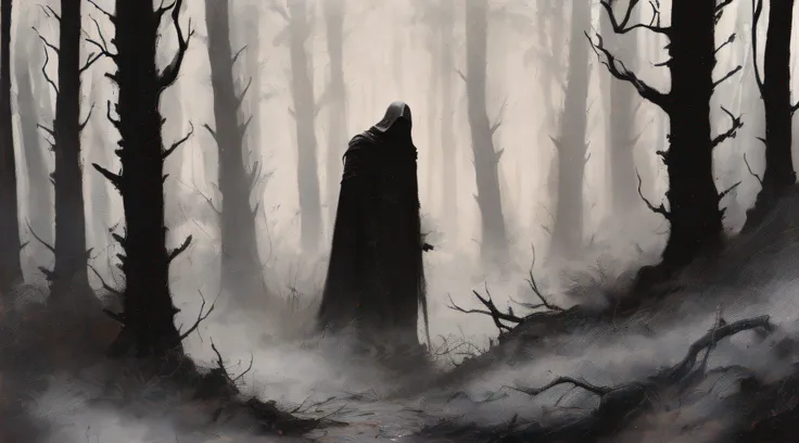 pintura de um homem em uma floresta escura com um capuz em, figura escura encapuzada, Nazgul, nazgul from lord of the rings, Wraith com capuz escuro, Camuflada, figura envolta, pintura de fantasia fosca grimEscuro, Escuro, dark fantasy oil painting, nevoei...