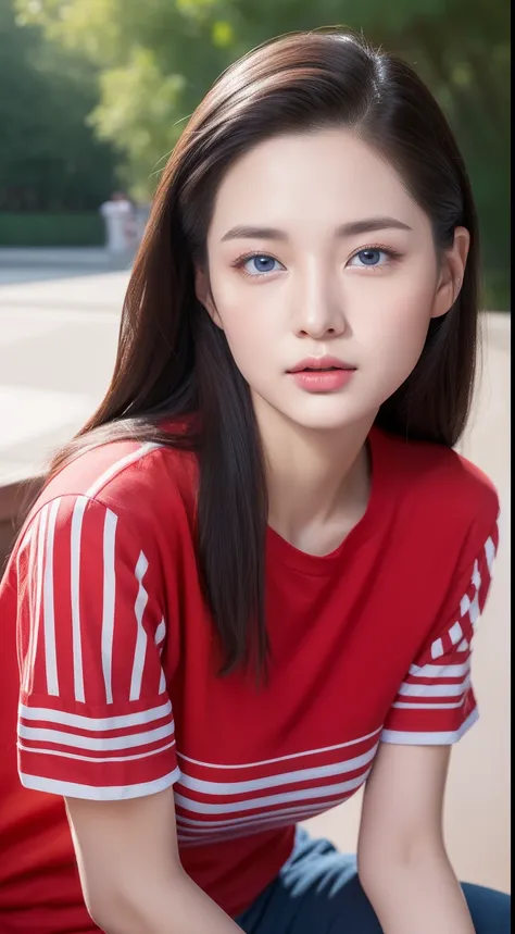 realistic photos of 1 cute Korean star, long hair slicked back, blue eyes, white skin, thin makeup, 32 inch breasts size, wearing red striped t-shirt pants, sitting on a bench in front of the house, close-up portrait, UHD