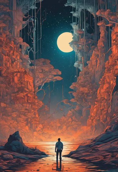 A man stands in the doorway looking at the moon, cyril rolando and m. Kaluta, cyril rolando and m.Kaluta, Inspired by Cyril Rolando, in the style of Cyril Rolando, Beeple e James Jean, anton fadeev and dan mumford, dan mumford tom bagshaw, artgem and beepl...