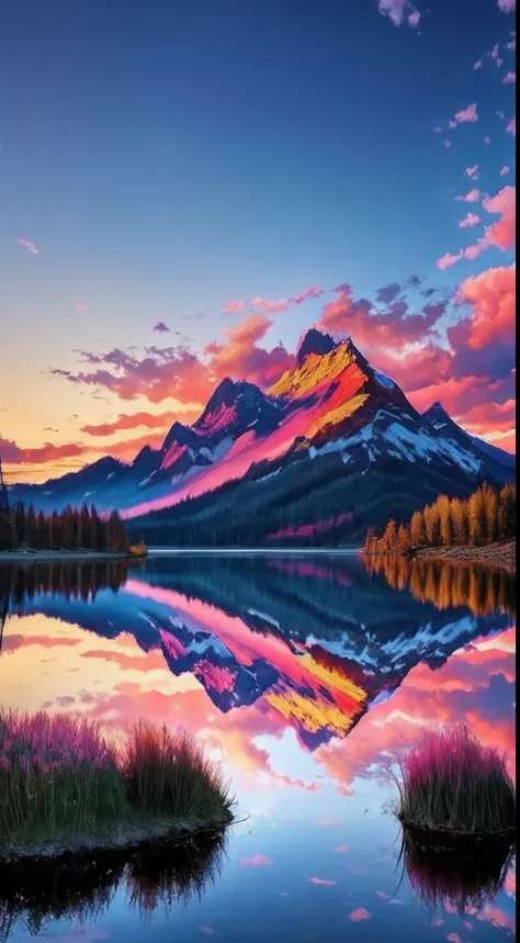 there is a beautiful mountain with a lake and trees in the background, colorful skies, surreal colors, colorful sunset, colorful sky, marvellous reflection of the sky, stunning sky, dream like atmosphere 8k, colorful clouds, colors reflecting on lake, surr...