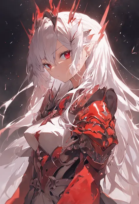 A teenage girl，White hair and red eyes，long whitr hair，Original Character、fantasy concept art、Best shadow、shallowdepthoffield、the emperor，Portrait of a noble knight、Dignified、Sad expression，streaming tears，Sophisticated tactical heavy armor、Tassel waistban...