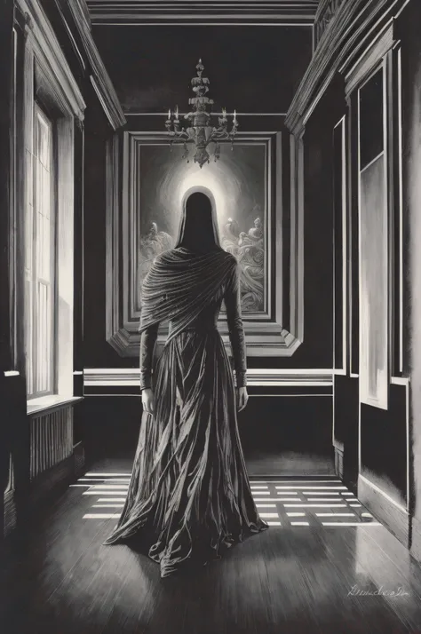 Arafed woman in a long dress standing in a room with a painting, figura envolta, mulher encapuzada, figura encapuzada surreal, Estilo Dan Hillier, mulher misteriosa, inspirado em Gustave Dore, mulher em vestes pretas, inspired by Gustave Doré, Camuflada, I...