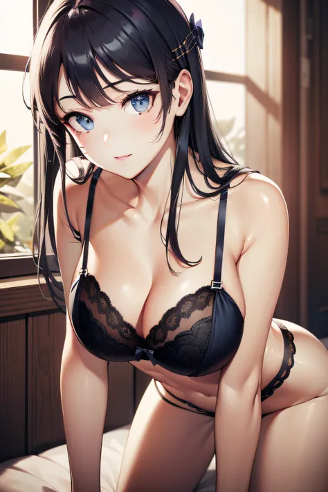 ((masterpiece, best quality, highres, UHD, perfect pixel)), Sakurajima mai, long hair, bangs, black hair, ((blue eyes:1.2, beautiful eyes, detailed eyes, extremely detailed eyes)), ((smooth texture:0.8, realistic texture:0.8)), ((medium breasts, cleavage))...