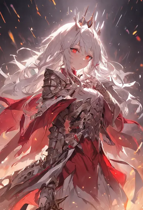 A teenage girl，White hair and red eyes，long whitr hair，Original Character、fantasy concept art、Best shadow、shallowdepthoffield、the emperor，Portrait of a noble knight、Dignified、Sad expression，streaming tears，Sophisticated tactical heavy armor、Tassel waistban...