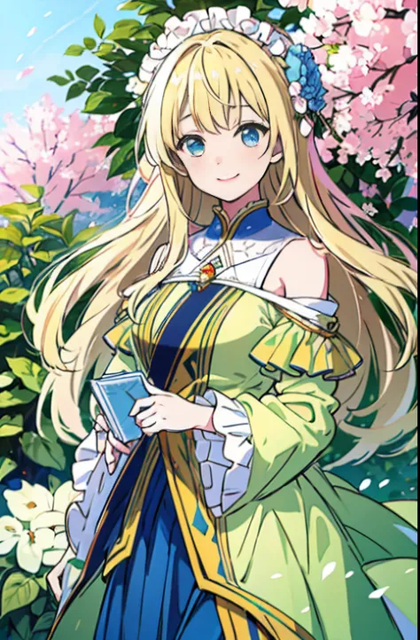 "(​masterpiece、top-quality、illustratio、Extremely high quality、high-level image quality、Extremely sensitive writing)Blonde longhair girl standing in beautiful flowery garden、ssmile、Cute costume with ruffles with shoulders protruding、Hair fluttering in the w...