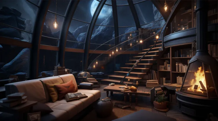 Living room with fireplace and stairs, cozy place, surreal sci fi set design, The living room has stairs，Huge glass windows，Outdoors there is a starry sky and a moon，cinematic render unreal engine, Unreal Engine renders concept art, rendered in unreal 5, i...