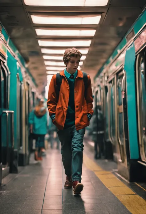 elongated body, in a high school uniform, walks in the subway. A lot of people on the background