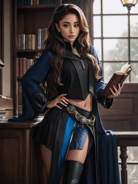 ariana grande, wavy hair, detailed alluring eyes, sexy legs, wearing blue mantle, mini skirt, gaiters, holding books, seductive,...