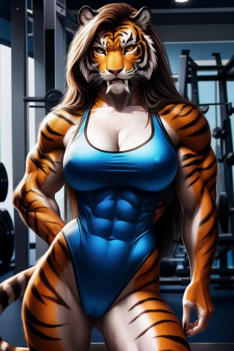 "realistic, high-quality depiction of an anthropomorphic Sabertooth Tiger woman in a gym clothes style leotard, emphasizing her large bust, hourglass body, muscular physique, long flowing hair, toned appearance, and sharp claws, exuding a fierce and sexy a...